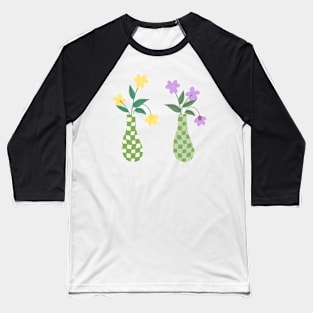 Pair of Green Checkered Vases with Yellow and Purple Flowers Baseball T-Shirt